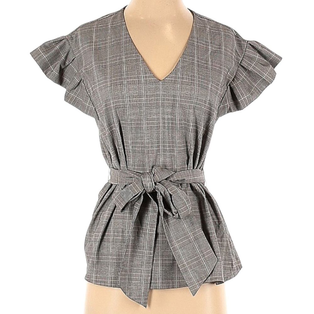 Worthington Plaid Peplum Blouse | Ruffle Short Sleeve Top Women Size XS